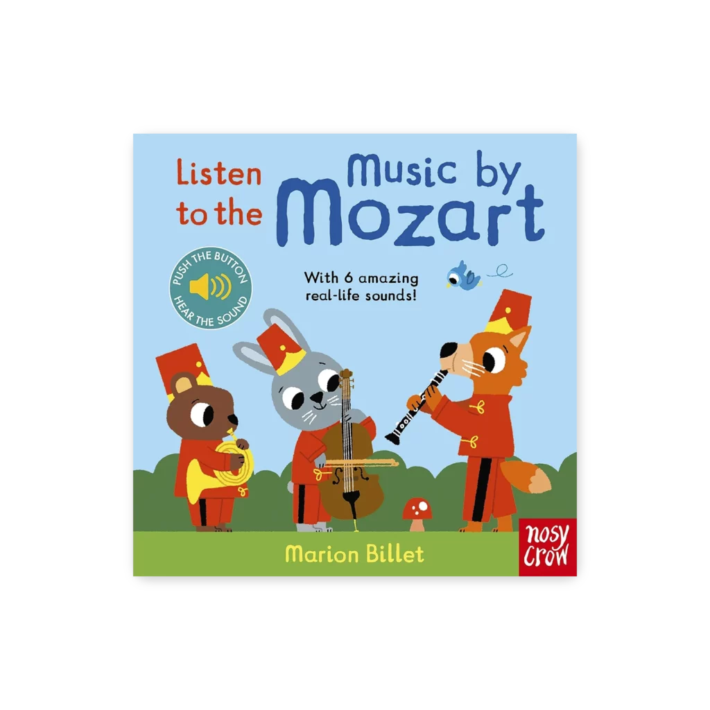 Okładka książki z serii dźwiękowej dla dzieci z postaciami grającymi muzykę Mozarta w strojach marszowych