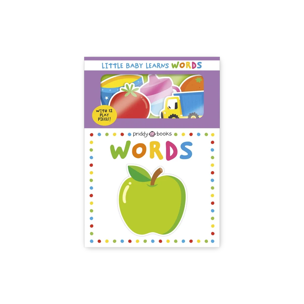 Okładka książki „Little Baby Learns Words” z ilustracją zielonego jabłka i kolorowymi obrazkami do dopasowywania dla maluchów