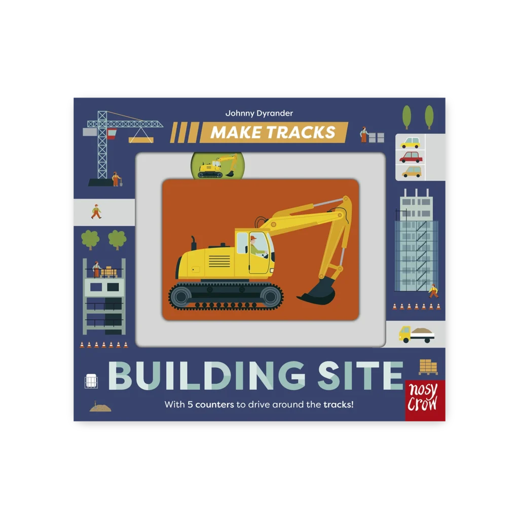 Ilustracja okładki książki dla dzieci „Make Tracks: Building Site” z koparką na środku i elementami budowy wokół ramki