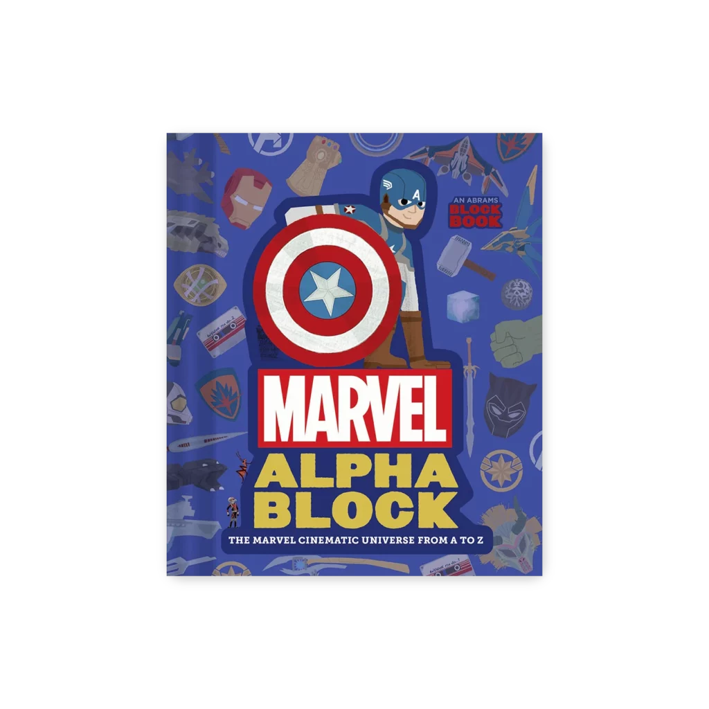 Okładka książki Marvel Alpha Block z ilustracją liter alfabetu w stylu bohaterów Marvela