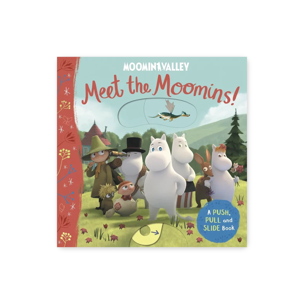 Okładka książki z Muminkami w stylu 3D, z tłem leśnym, domkiem Muminków i ruchomymi elementami do przesuwania dla dzieci