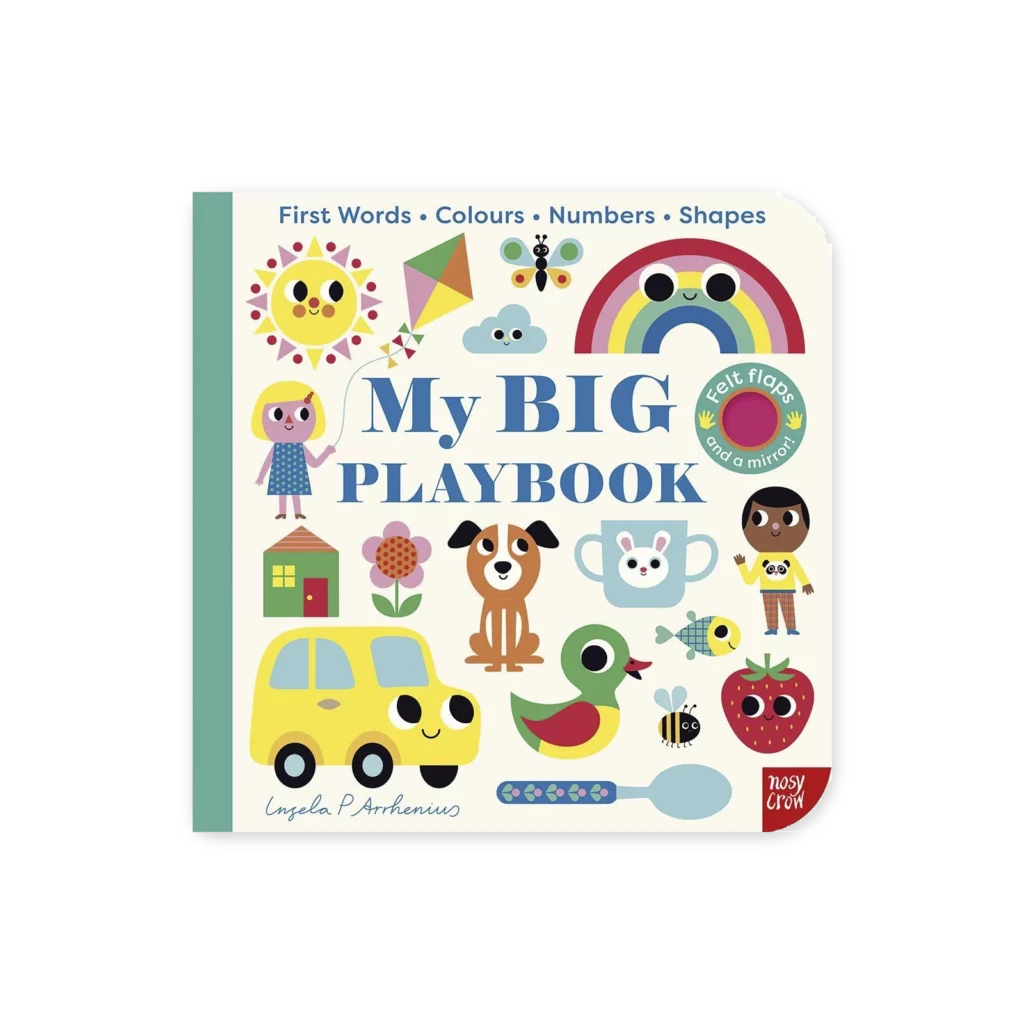 Kolorowa okładka książki edukacyjnej z ilustracjami zwierząt, pojazdów i przedmiotów do nauki pierwszych słów i kolorów