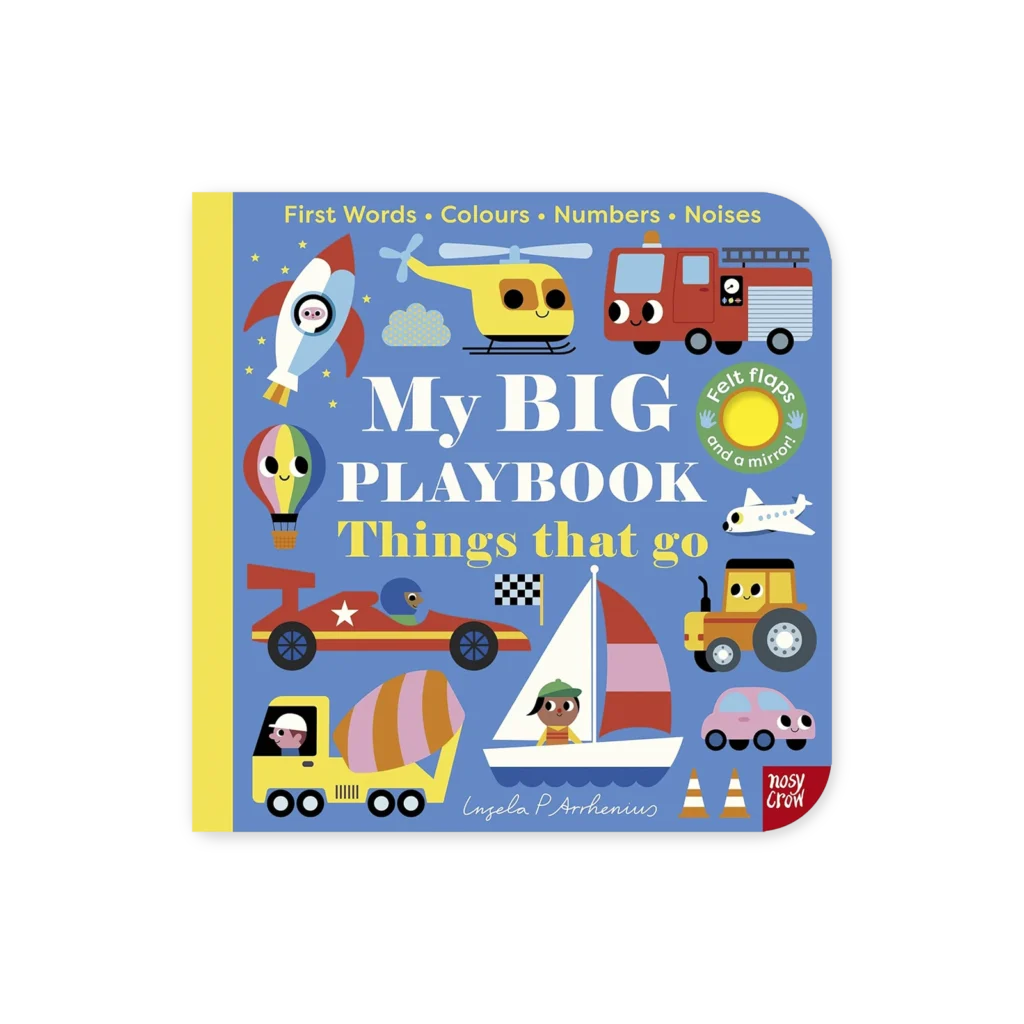 Okładka książki „My BIG Playbook: Things That Go” z ilustracjami pojazdów: helikoptera, auta, statku, balonu i samolotu