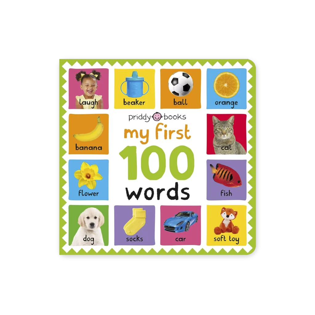 Okładka książki My First 100 Words z kolorowymi ilustracjami przedstawiającymi pierwsze 100 słów dla dzieci