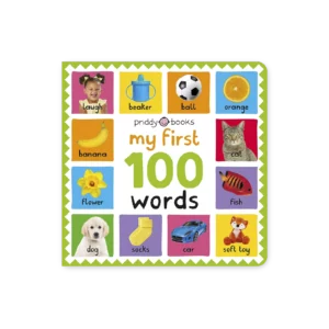 Okładka książki My First 100 Words z kolorowymi ilustracjami przedstawiającymi pierwsze 100 słów dla dzieci