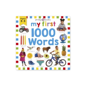 Okładka książki „My First 1000 Words” z dziećmi, przedmiotami i podpisami – edukacyjna nauka słówek przez zdjęcia