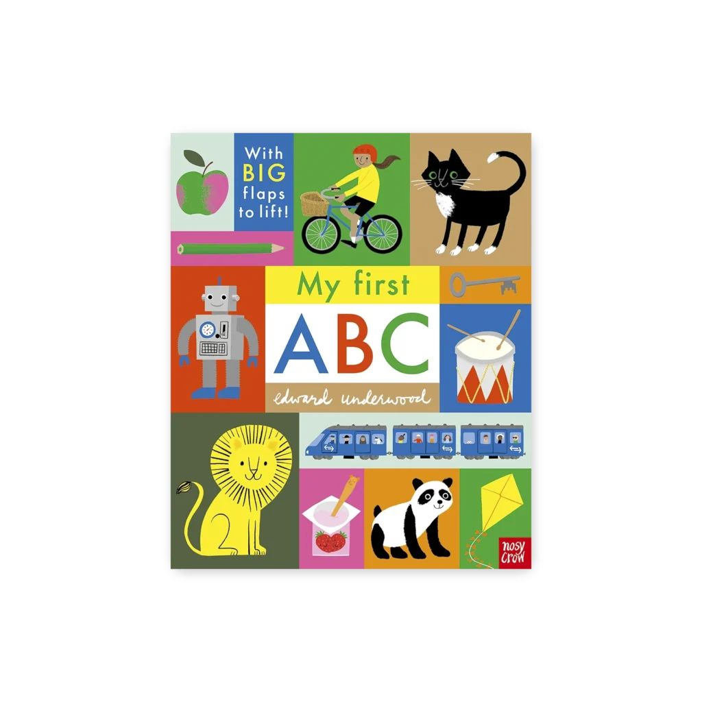 Okładka książki „My First ABC” z kolorowymi ilustracjami przedmiotów i zwierząt oraz napisem „With BIG flaps to lift!”
