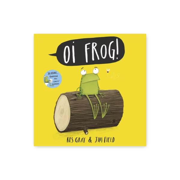 Okładka książki „Oi Frog!” z ilustracją żaby siedzącej na pieńku, tytuł w chmurce „Oi Frog!” w żółtej oprawie.