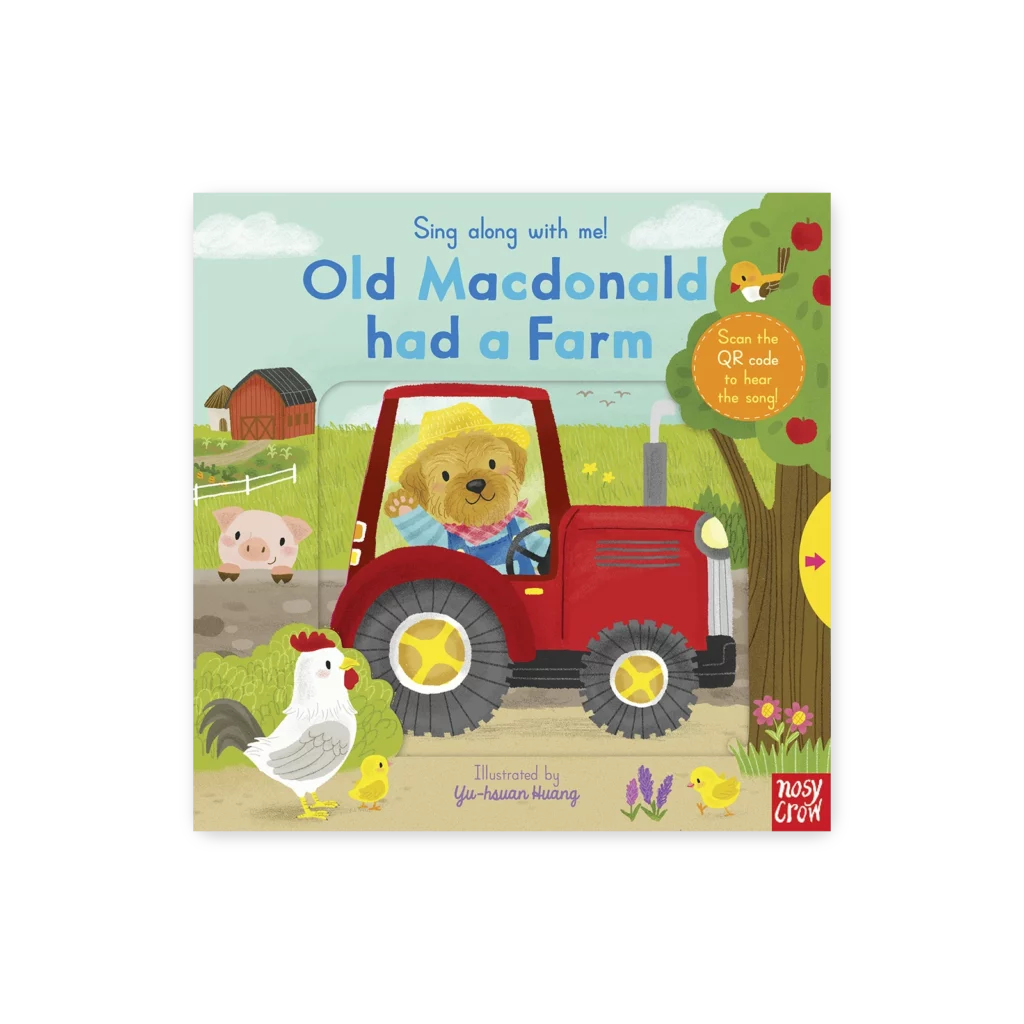 Okładka książki Old MacDonald Had a Farm – Sing Along with Me, z ilustracją farmy i zwierząt śpiewających do piosenki