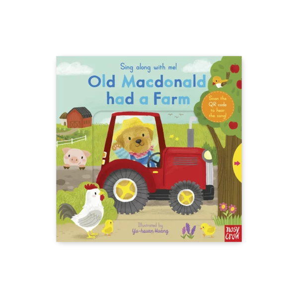 Okładka książki Old MacDonald Had a Farm – Sing Along with Me, z ilustracją farmy i zwierząt śpiewających do piosenki