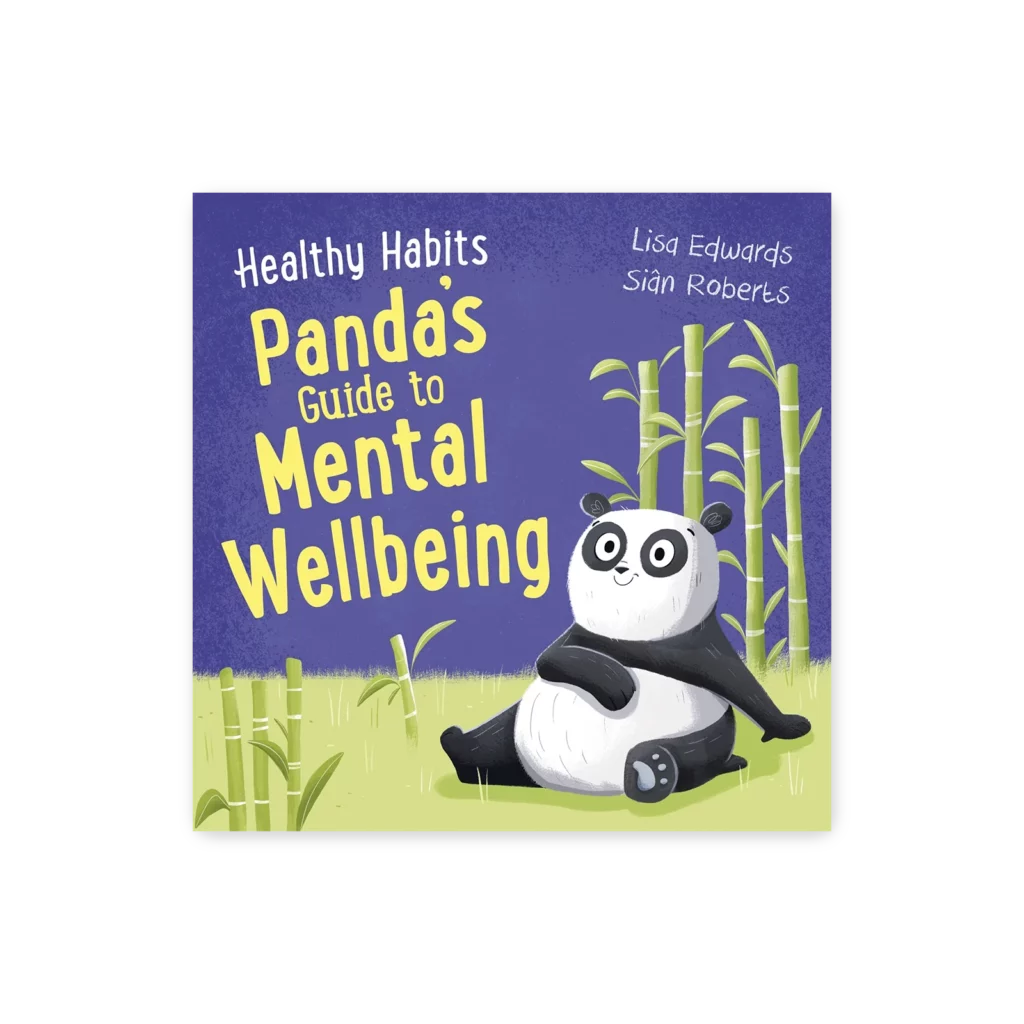 Okładka książki “Panda’s Guide to Mental Wellbeing” – panda odpoczywa w bambusowym lesie, ucząc dzieci dbania o zdrowie psychiczne.