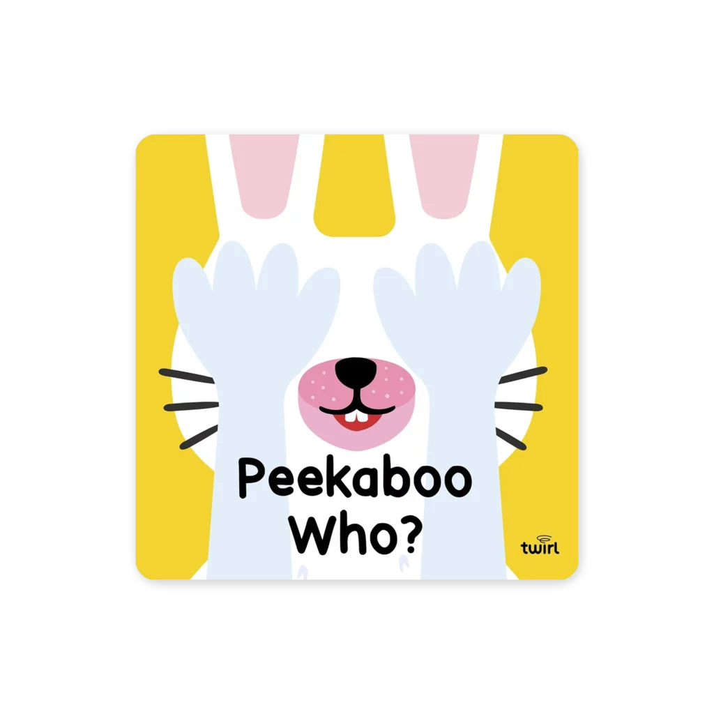 Okładka książki „Peekaboo Who?” z ilustracją króliczka bawiącego się w a kuku z uśmiechem.