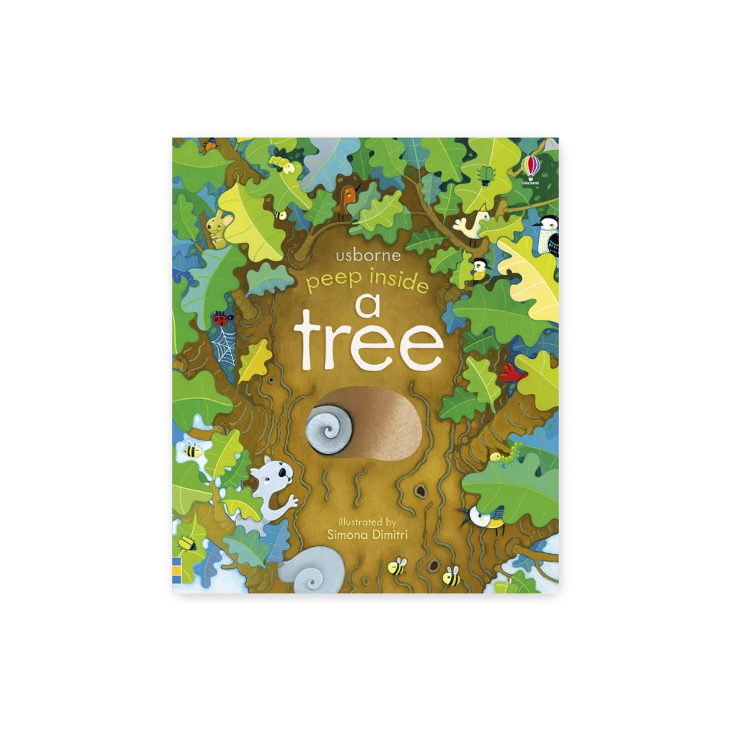 Okładka książki Peep Inside a Tree z ilustracją drzewa i otwieranymi okienkami