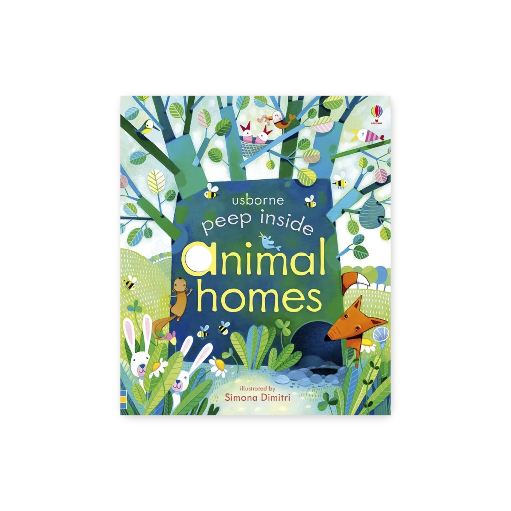 Okładka książki Peep Inside Animal Homes z ilustracją zwierząt w ich naturalnych domach