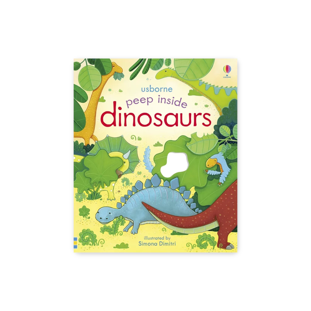 Okładka książki Peep Inside Dinosaurs z ilustracją dinozaurów i otwieranymi okienkami