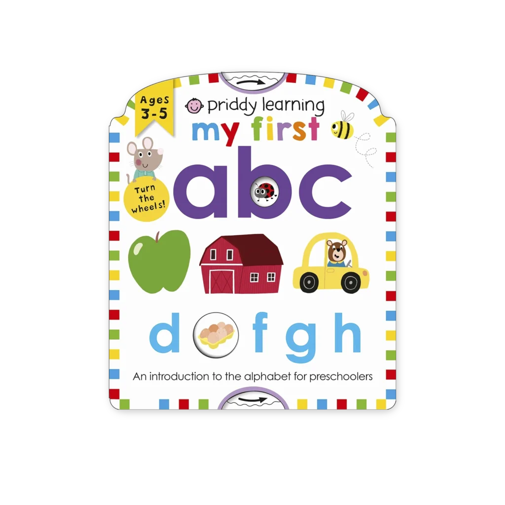 Okładka książki „My First ABC” z kolorowymi obrazkami i kołami do obracania – interaktywna nauka alfabetu dla dzieci.