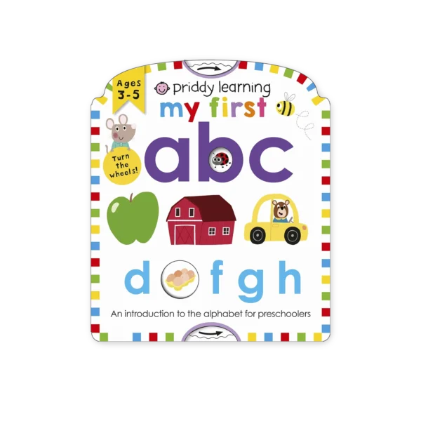 Okładka książki „My First ABC” z kolorowymi obrazkami i kołami do obracania – interaktywna nauka alfabetu dla dzieci.
