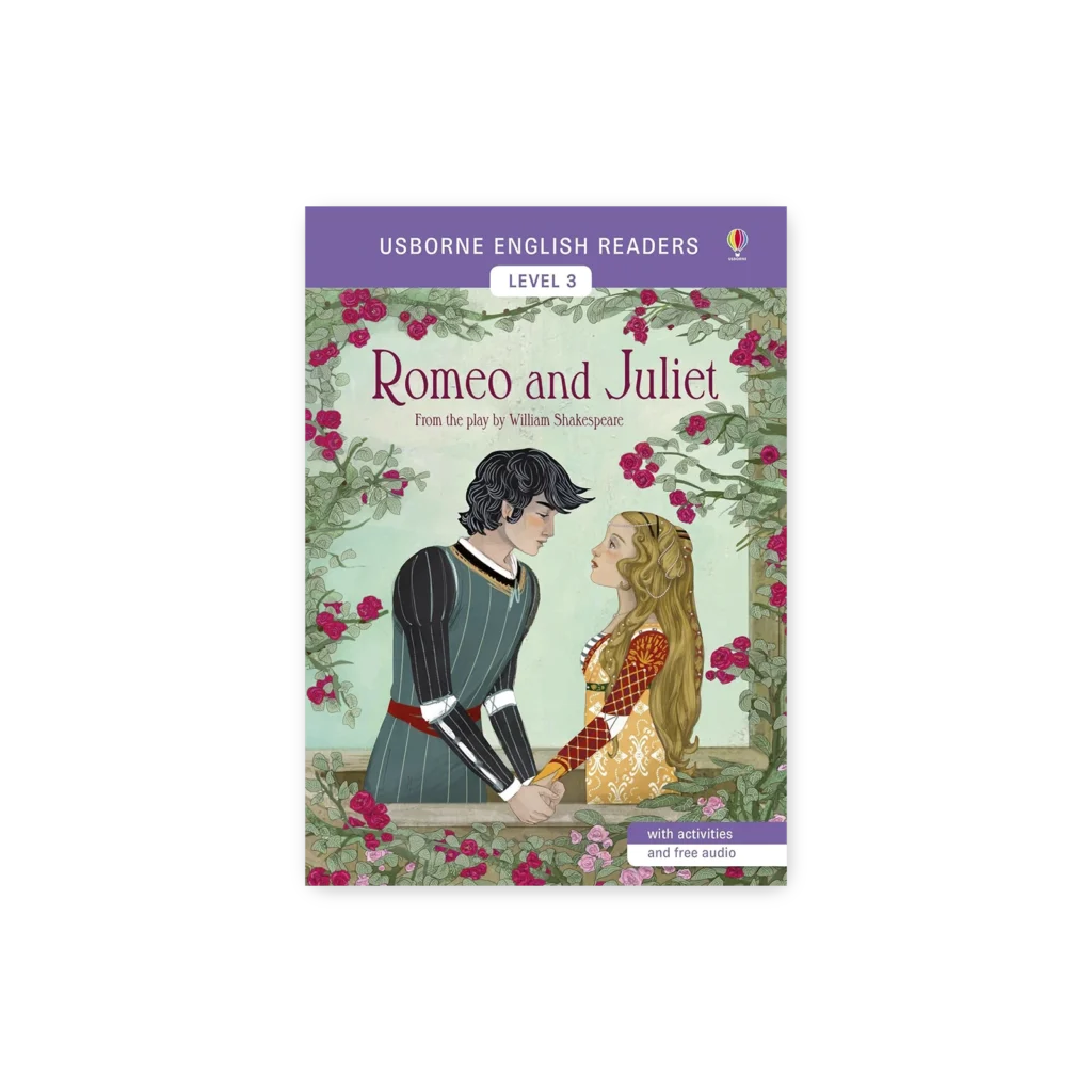 Okładka książki „Romeo and Juliet” z serii Usborne English Readers, poziom 3 – klasyczna historia miłosna z ćwiczeniami