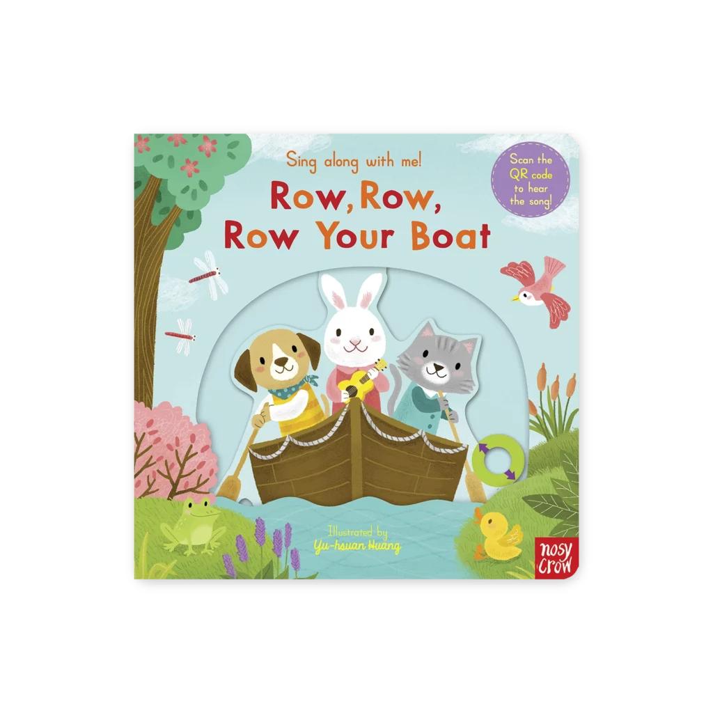 Okładka książki Row, Row, Row Your Boat – Sing Along with Me, z ilustracją łódki i postaci śpiewających do melodii