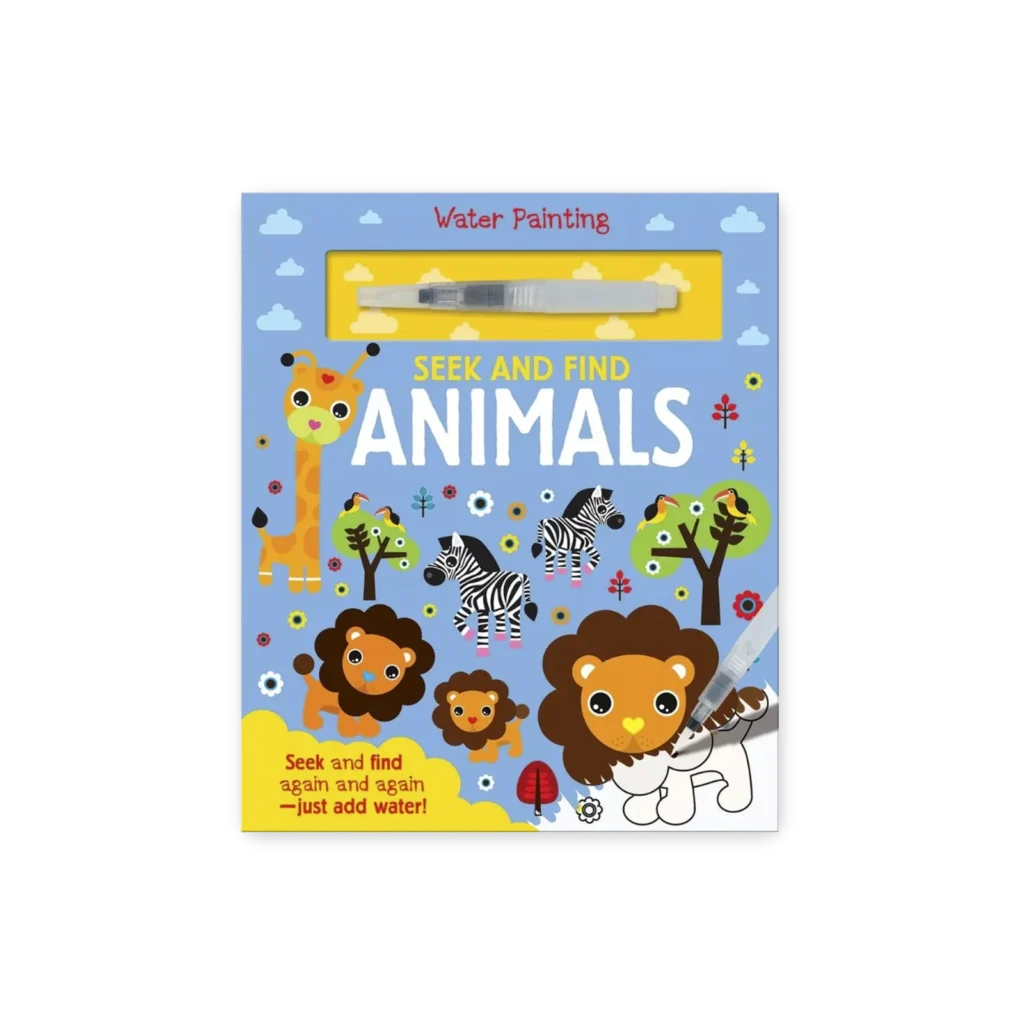 Kolorowa okładka książki Seek and Find Animals z lwem, zebrą i żyrafą, zawierająca flamaster wodny do malowania bez bałaganu