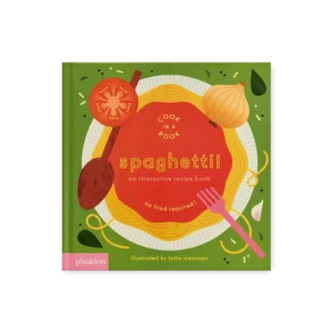 Okładka książki “Spaghetti! An Interactive Recipe Book” z ilustracją spaghetti, pomidora, cebuli, łyżki i widelca