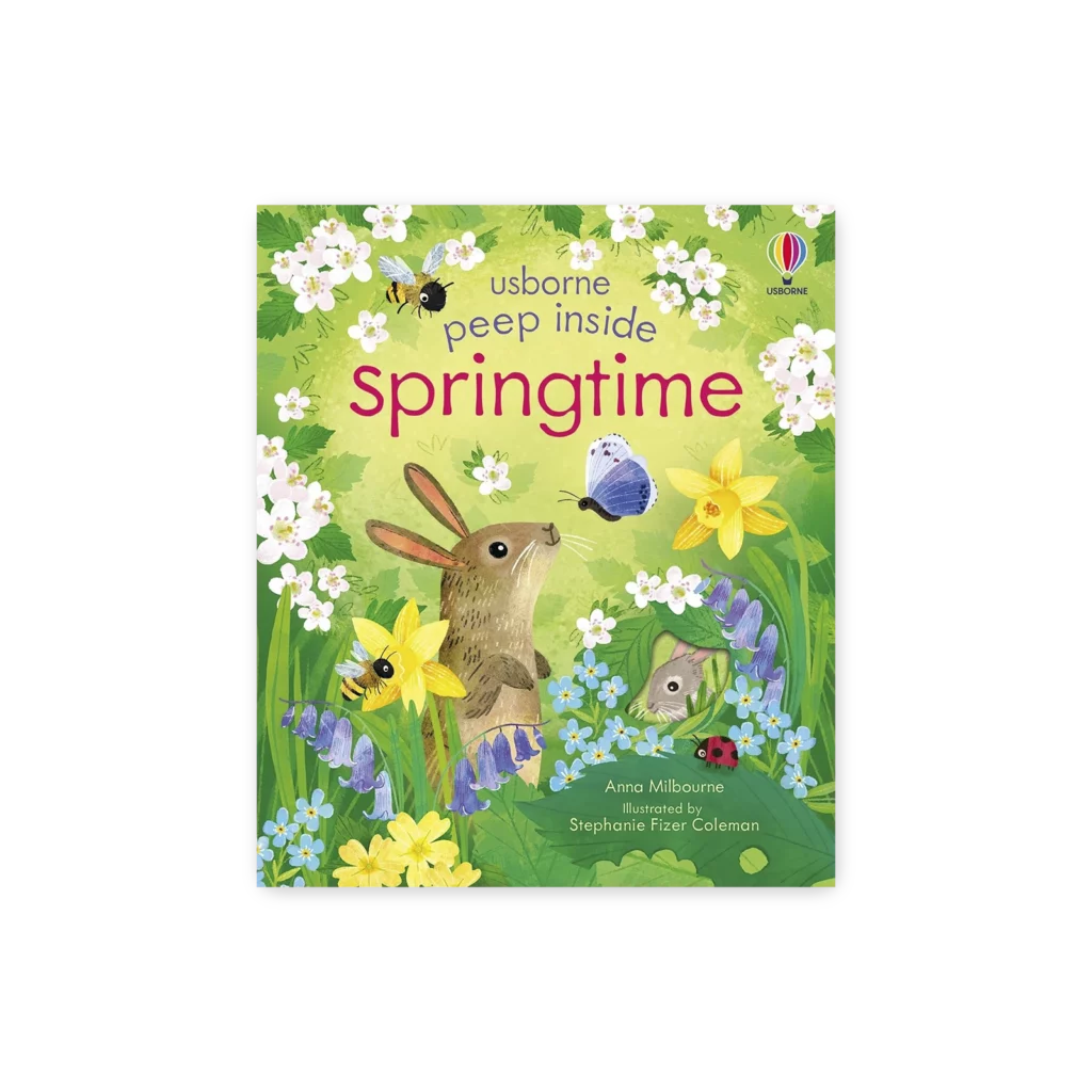 Okładka książki Springtime – Peep Inside, z ilustracją przedstawiającą wiosenne motywy i zwierzęta