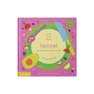 Okładka książki dla dzieci „Tacos! An Interactive Recipe Book” z kolorowymi grafikami warzyw, awokado, noża i łyżki na fioletowym tle