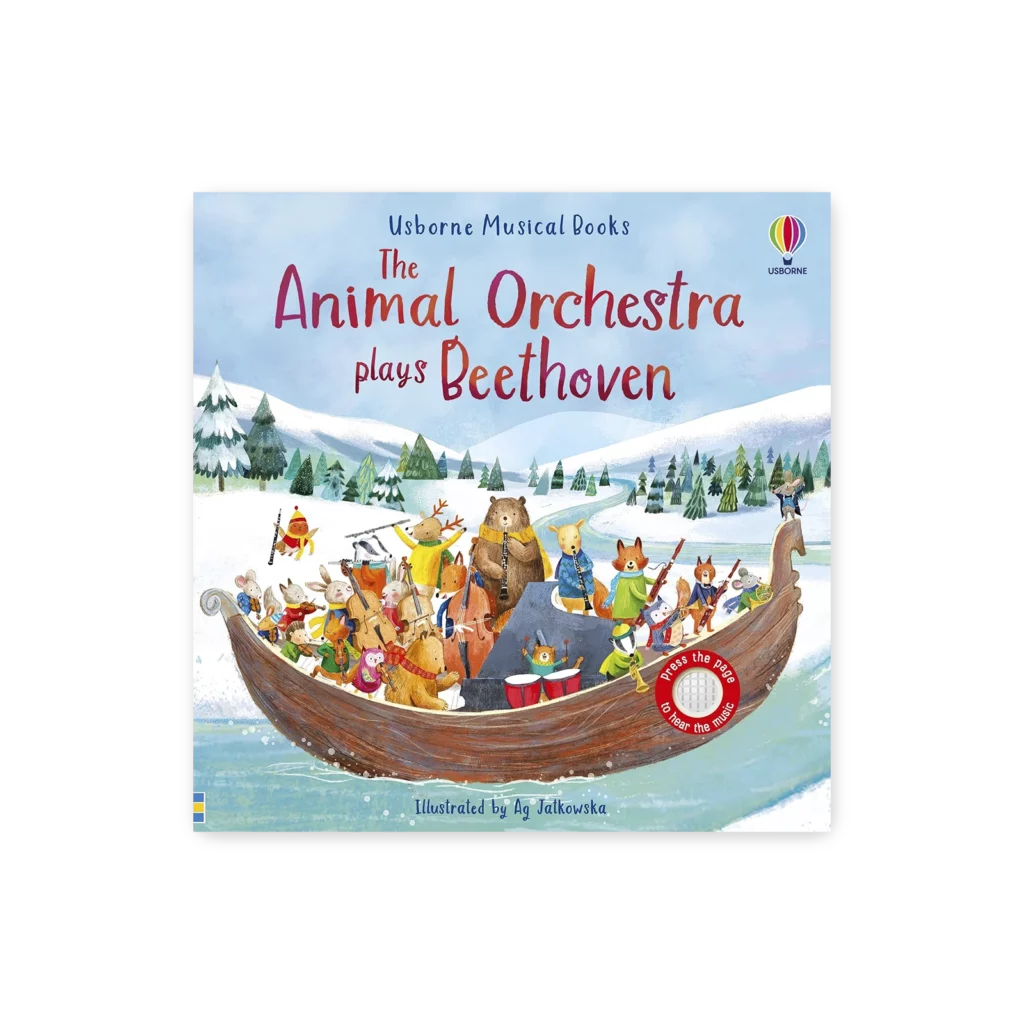 Okładka książki z orkiestrą zwierząt grającą Beethovena na łodzi płynącej przez zimowy krajobraz, z instrumentami i przyciskiem dźwiękowym