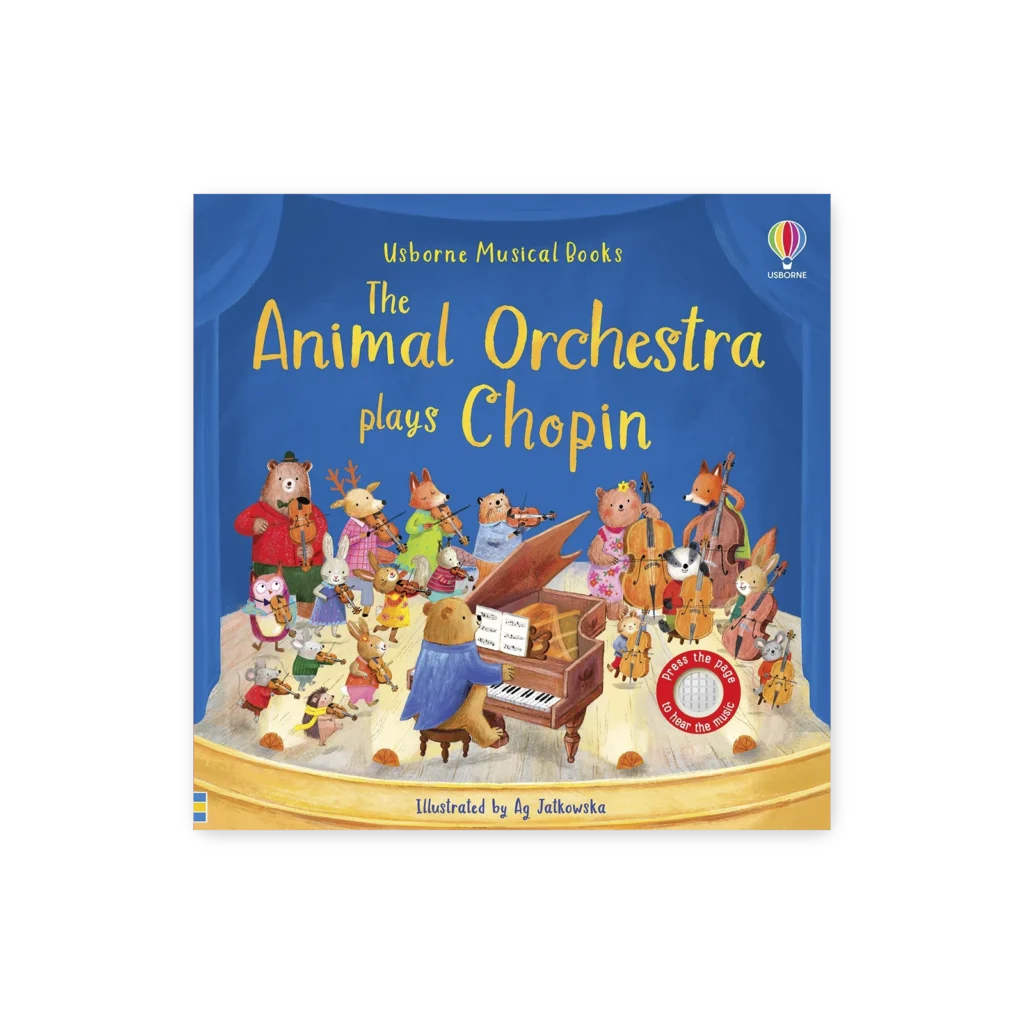 Ilustracja okładki książki z orkiestrą zwierząt grającą Chopina na scenie, z niedźwiedziem przy fortepianie i napisem „Press the page”