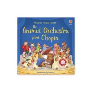 Ilustracja okładki książki z orkiestrą zwierząt grającą Chopina na scenie, z niedźwiedziem przy fortepianie i napisem „Press the page”