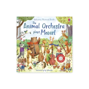 Okładka książki „The Animal Orchestra Plays Mozart” z ilustracją zwierząt grających muzykę klasyczną na tle lasu