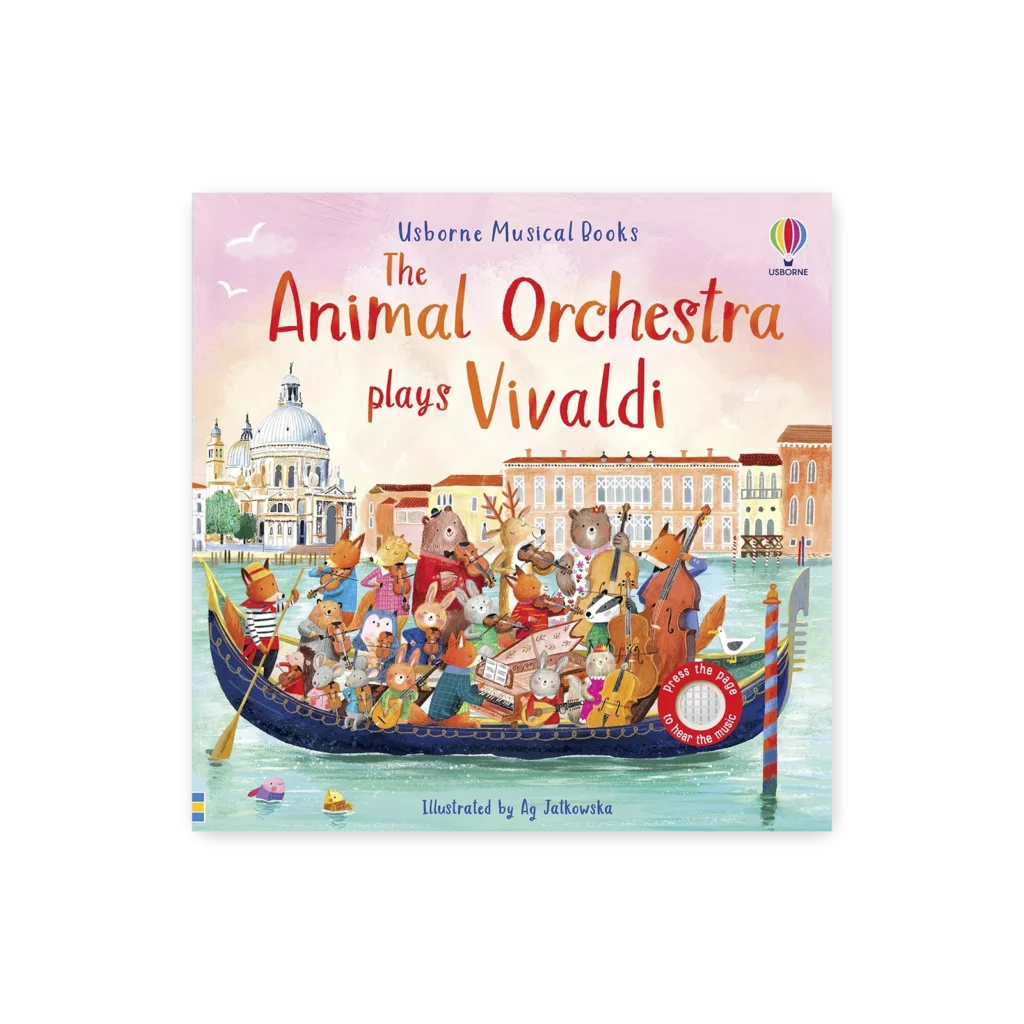 Okładka książki The Animal Orchestra Plays Vivaldi z ilustracją zwierząt grających na instrumentach muzycznych