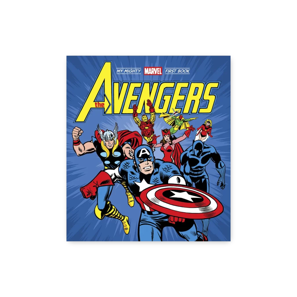Na okładce książki The Avengers: My Mighty Marvel First Book grupa superbohaterów Marvela biegnie do przodu na niebieskim tle.