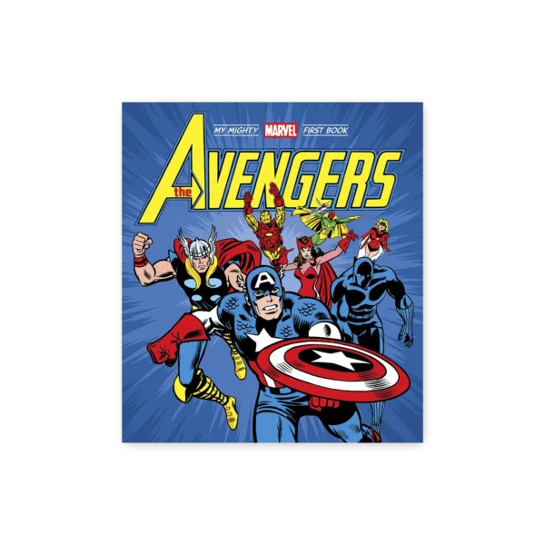 Na okładce książki The Avengers: My Mighty Marvel First Book grupa superbohaterów Marvela biegnie do przodu na niebieskim tle.