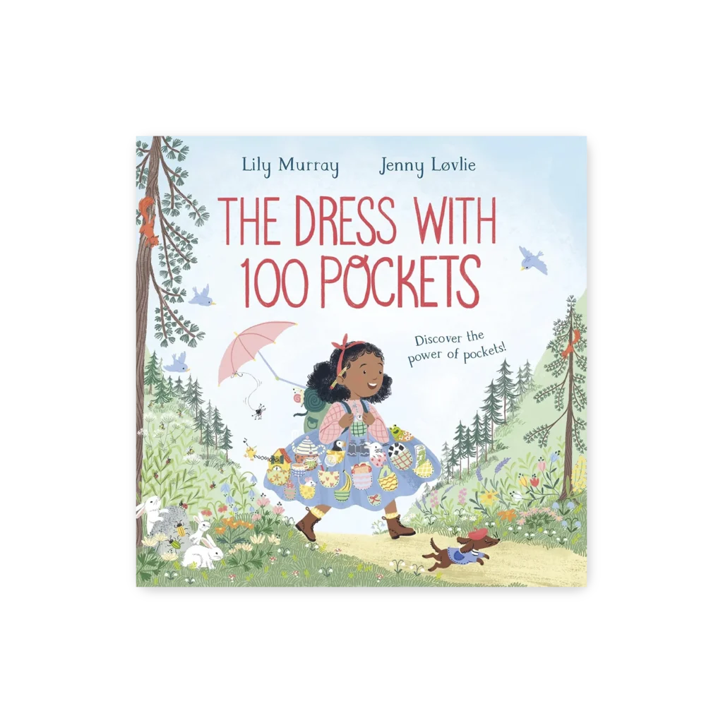 Dziewczynka biegnie w sukience z 100 kieszeniami pośród natury, z parasolką i psem, ilustracja pełna detali i radości