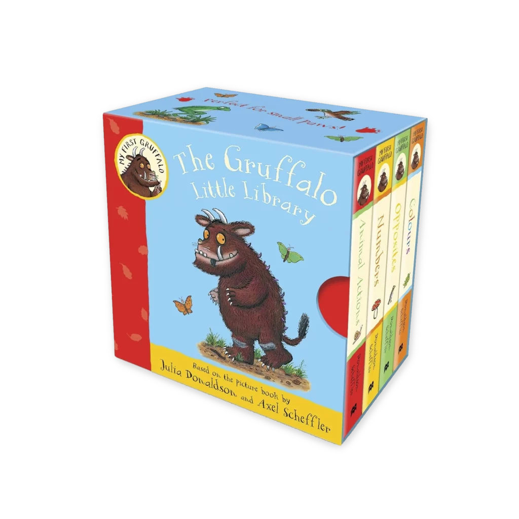 Zestaw czterech książeczek The Gruffalo uczących kolorów, liczb, przeciwieństw i ruchów zwierząt, w kolorowym pudełku