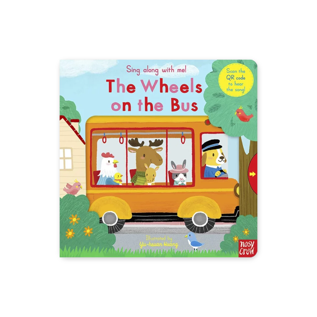 Okładka książki The Wheels on the Bus – Sing Along with Me, z ilustracją autobusu i elementów związanych z piosenką