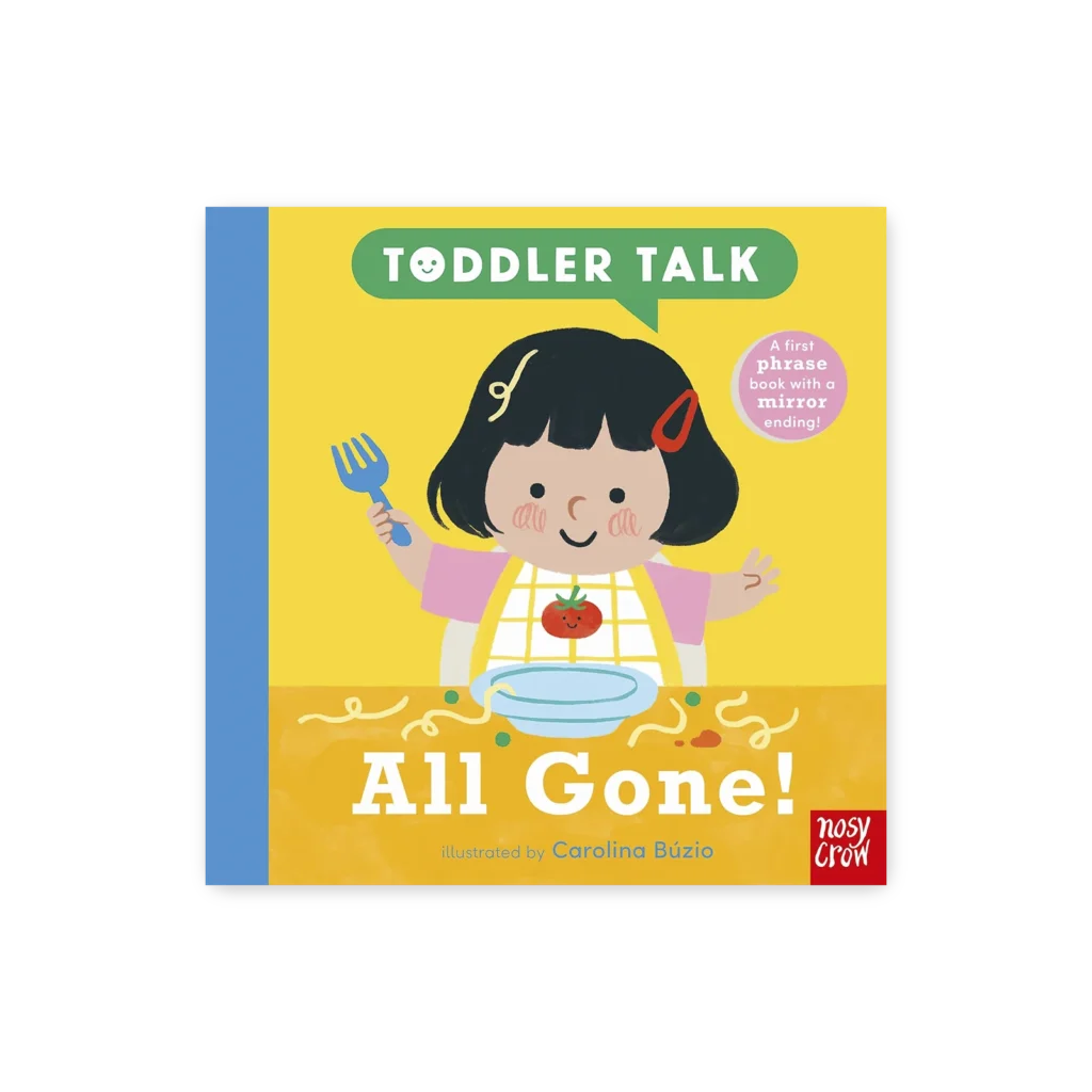 Okładka książki „All Gone!” z serii Toddler Talk – dziewczynka siedzi przy pustym talerzu, uśmiechnięta po skończonym posiłku.