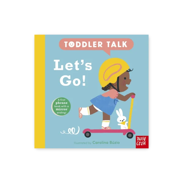 Okładka książki „Let’s Go!” z serii Toddler Talk – dziewczynka na hulajnodze w kasku, z królikiem i kolorowym tłem