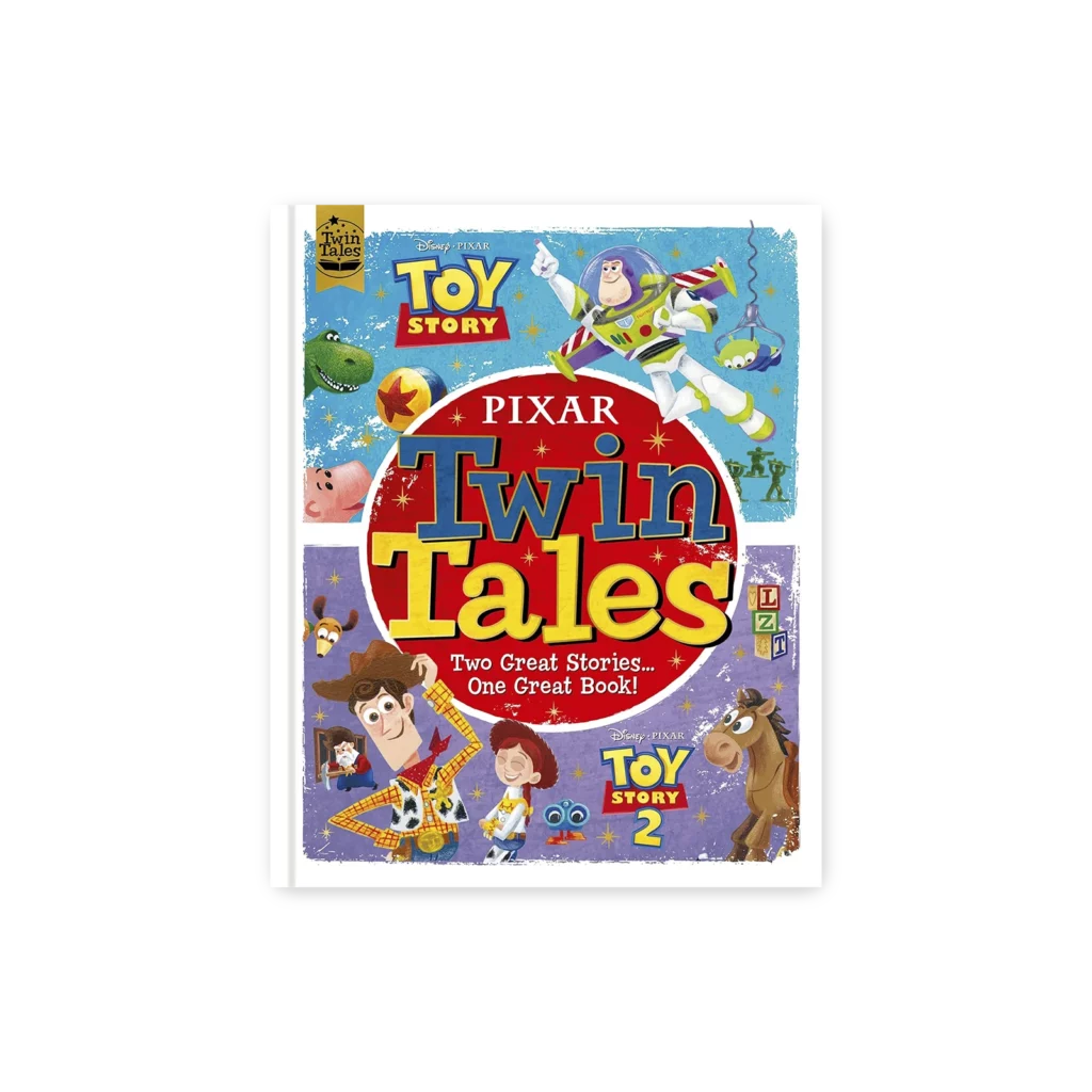 Okładka książki „Toy Story Twin Tales” z postaciami z filmu, w tym Buzz Astrala, Woody’ego i innych bohaterów.