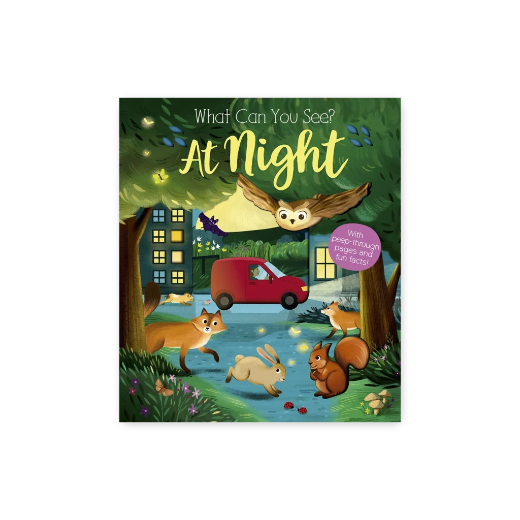 Okładka książki “What Can You See? At Night” z ilustracją nocnej scenerii, na której znajdują się zwierzęta, jak sowa, lis, zając, oraz samochód.