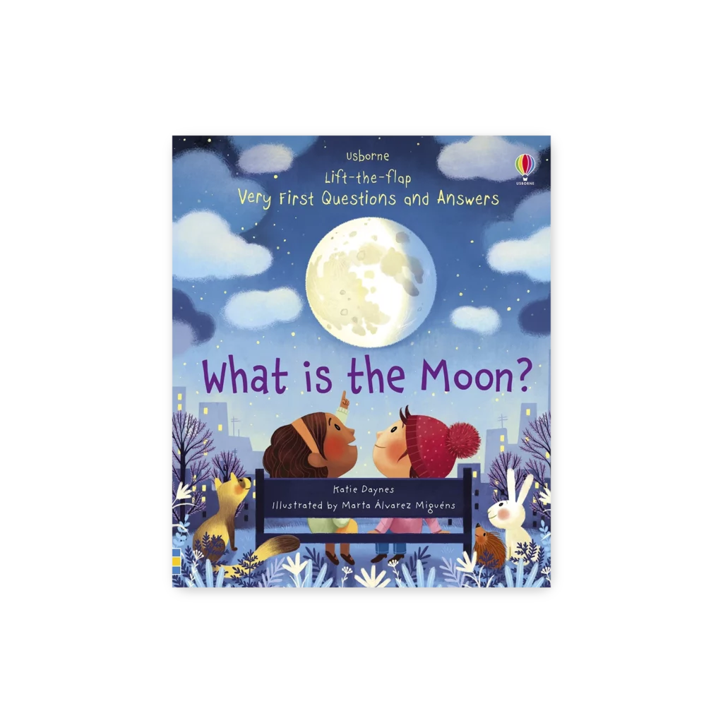 Okładka książki What is the Moon? z ilustracją Księżyca i otwieranymi okienkami