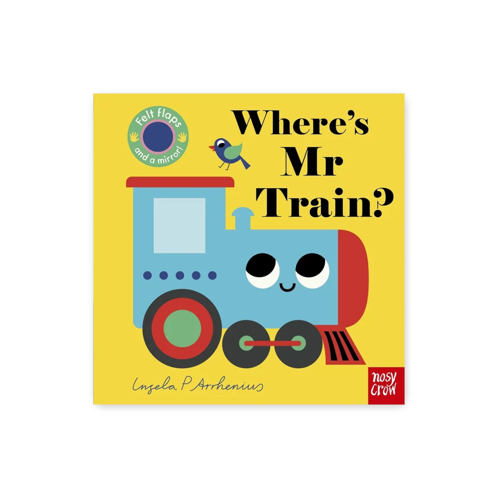 Okładka książki “Where’s Mr Train?”, kolorowa ilustracja z pociągiem na żółtym tle.