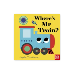 Okładka książki “Where’s Mr Train?”, kolorowa ilustracja z pociągiem na żółtym tle.