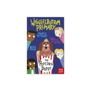 Okładka książki „Wigglesbottom Primary: The Popcorn Puppy” z pieskiem w kubełku popcornu i dziećmi w tle