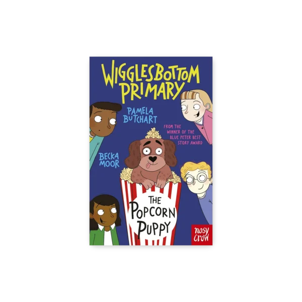 Okładka książki „Wigglesbottom Primary: The Popcorn Puppy” z pieskiem w kubełku popcornu i dziećmi w tle